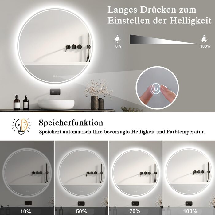 Дзеркало для ванної кімнати з підсвічуванням LED, кругле 50см, сенсорне керування, регулювання яскравості, функція пам'яті, дзеркало з HD склом, захист від вибуху, антизапотівальне покриття, 3 кольори світла, 70x70 см