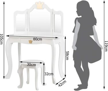 Дитячий туалетний столик COSTWAY з табуреткою, знімне дзеркало, ящик, 80x42x105см (білий)