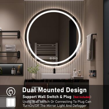 Дзеркало для ванної кімнати з підсвічуванням, 60 см, кругле, з антизапарюванням, регульоване, 3 кольори світла (70x70 см)