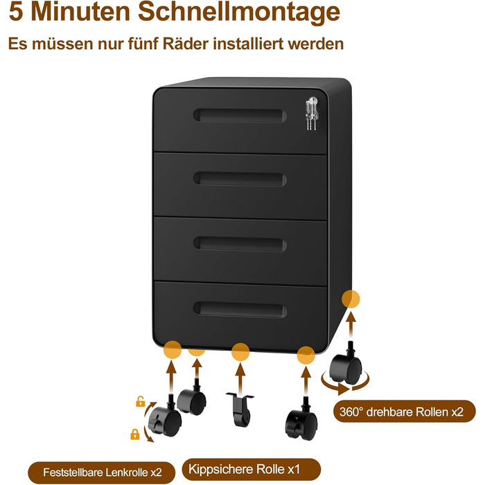 Роликовий контейнер HOMSTEEL з замком, 4 шухляди, металевий офісний шафка, чорний (46T x 40B x 64H cm)