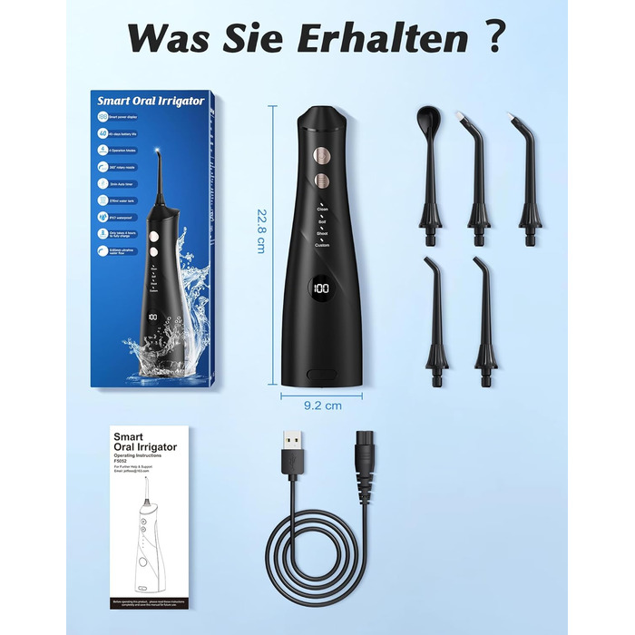 Електрична ірigator для порожнини рота Munddusche: 5 насадок, 4 режими, IPX7, для дому та подорожей