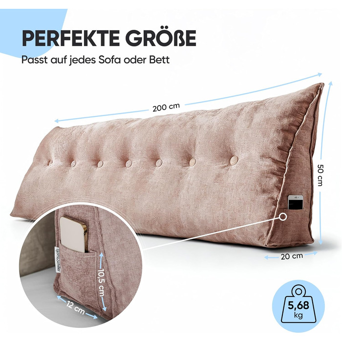 Підвалинник для спини Björn&Schiller - подушка для читання в ліжко та диван, клиновидна подушка, спинка для стіни, сидіння, подушка для стіни, велика знімний чохол (шампань, 200 см)