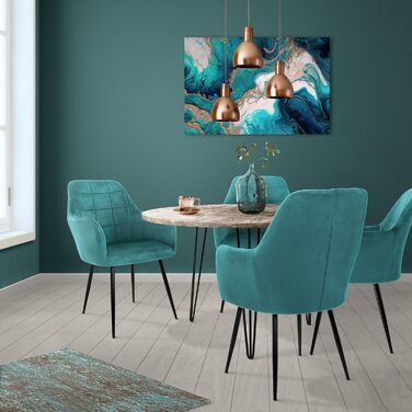 ECD Germany 6 стільців для їдальні з підлокітниками та спинкою, м'які крісла з велюровим покриттям, металеві ніжки, ергономічні стільці для обіднього столу, бірюзовий колір