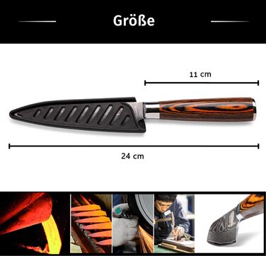Ніж кухарський Damast від Wolfblood (24см) з нержавіючої сталі Damast, 67 шарів, з дерев'яною ручкою, сертифікований TÜV, у подарунковій коробці з захистом леза