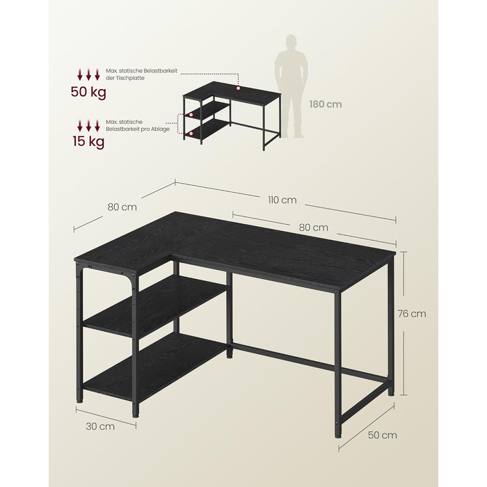 Настільний комп'ютерний стіл VASAGLE L-подібної форми з полицею, для дому та офісу, 110 x 80 см, чорний, без розетки