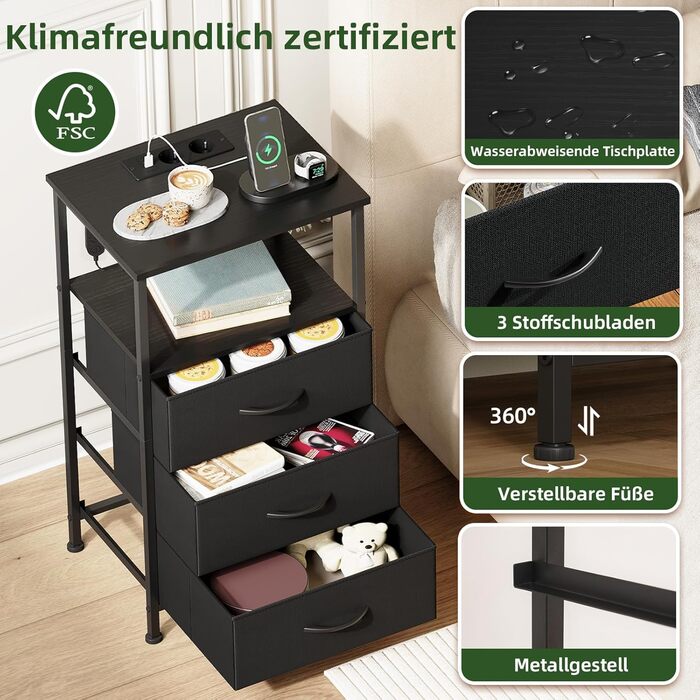 Нічний столик Somdot з підзарядкою, LED, розеткою (USB, Type-C) для спальні, вітальні, дитячої кімнати, чорний, 30x40x60/72 см (2/3 ящики)