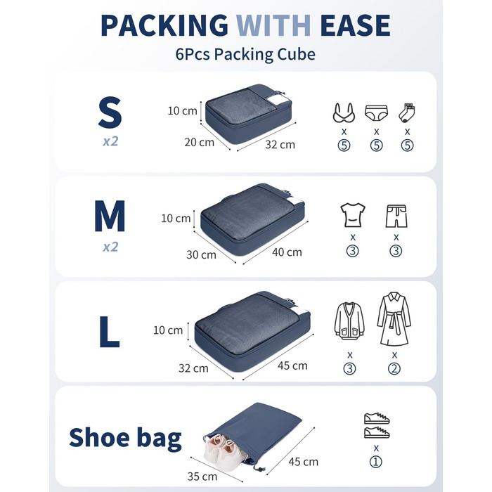 Набір органайзерів для валізи ECOHUB, 6 шт., дорожні компресійні сумки з ID-тегами, дихаючі органайзери для одягу та рюкзака з переробленого матеріалу (Синій)