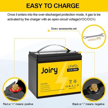 Акумуляторна батарея Joiry 12V 50Ah LiFePO4, 640 Втгод, акумуляторний, BMS, 5000 циклів, чудово підходить для сонячної системи, човна, дому