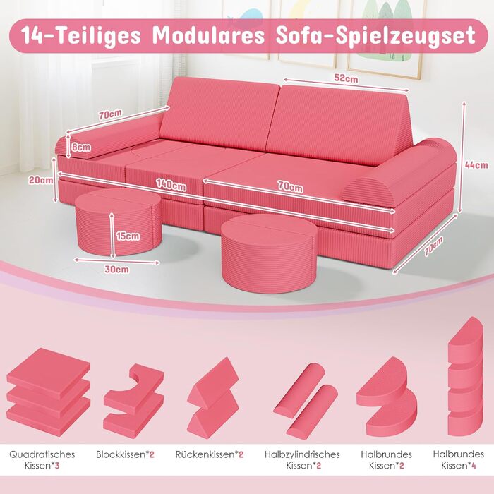Дитяче ігрове крісло-диван, 15-ти частинний модульний, з сертифікацією Oeko-Tex® 100, з м'якого велюру (рожевий)