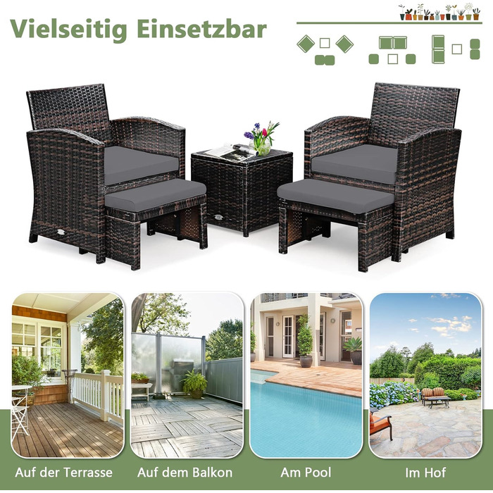 GIANTEX Набір садово-розслаблюючих меблів з ротангу для балкону/саду (2 крісла з пуфами), сірі подушки