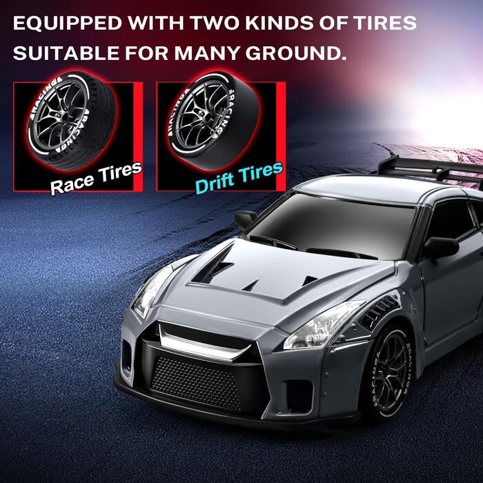 RC Drift Car ACAMMZAR 1:24, 4WD, 20 км/год, з LED підсвіткою, 2 акумулятори, для дітей та дорослих (S815 Сірий)