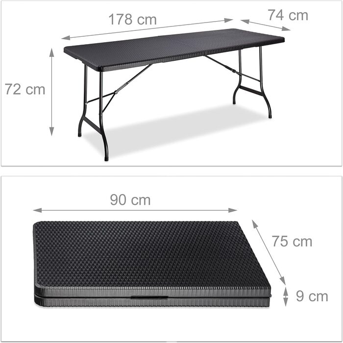 Розкладний садовий стіл BASTIAN, великий, ручка для перенесення, міцний кемпінговий стіл, В x Ш x Г 72 x 178 x 74 см, чорний