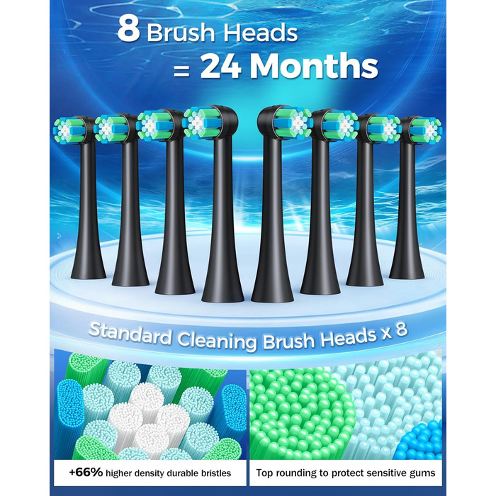 Електрична зубна щітка Rotierende для дорослих з 8 насадками, 4 режимами чищення, акумулятором на 60 днів та смарт-таймером 2 хв - професійна електрична зубна щітка (чорна)