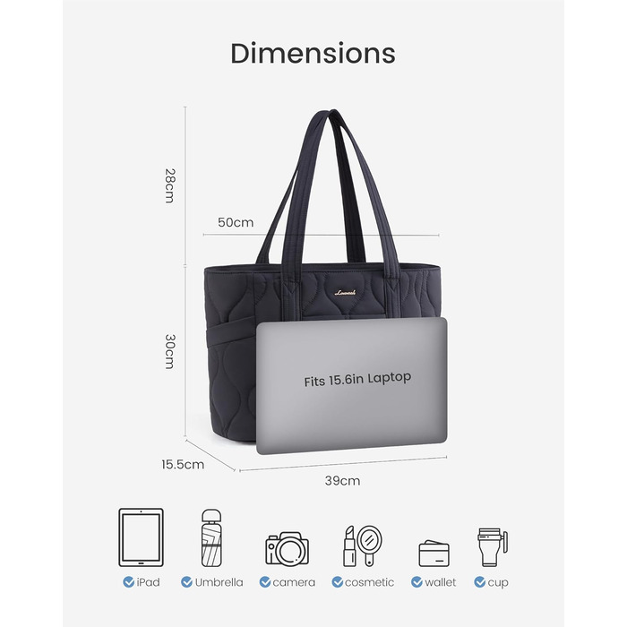 Сумка для ноутбука LOVEVOOK 15.6 дюймів, жіноча сумка-шоппер, велика містка сумка-тоут для роботи, навчання, подорожей, чорна
