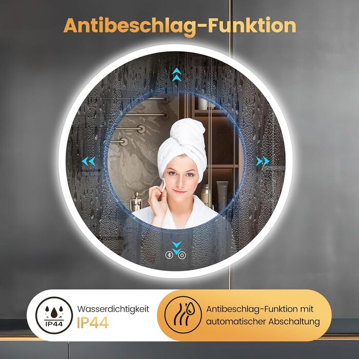 Дзеркало для ванної кімнати YOLEO з підсвічуванням, 70 см, LED, Bluetooth, сенсорне управління, захист від вибухів, 3 кольори світла, регулювання яскравості, антизапарник