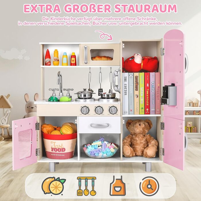 Дерев'яна дитяча кухня Mamizо з аксесуарами, 81x74x30 см, світло та звук, для дітей від 3 років, біло-рожева