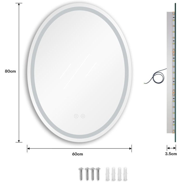 Дзеркало для ванної кімнати Dripex з підсвічуванням LED, сенсорне керування, регулювання яскравості, 3 кольори світла, антизапар, овальне, 50 x 70 см