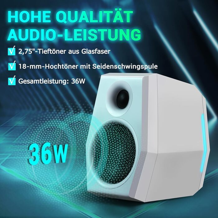 Sanyun SW209 - Комп'ютерні ігрові колонки 36W з RGB-підсвічуванням, Bluetooth 5.2, USB/AUX, 3 режими EQ (Гра/Фільм/Музика), 2.75