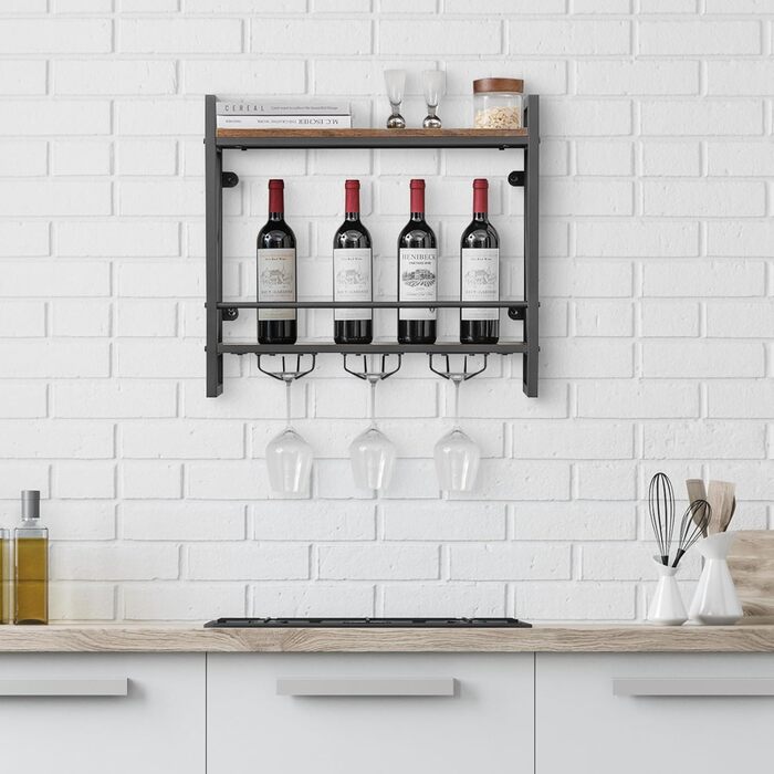 Стильна полиця для вина Komfotteu на стіну, дерев'яна з металевим каркасом, з тримачем для келихів, 60 x 20 x 55 см
