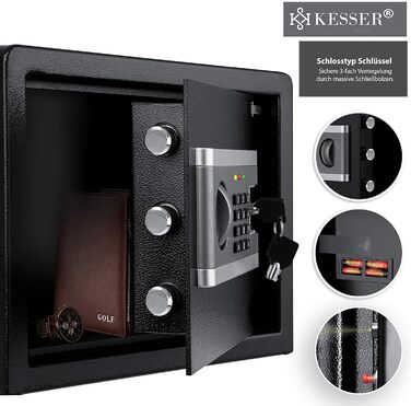 KESSER® Електронний сейф | 38x30x30 см | з батарейним відсіком | Вбудоване освітлення | Настінний/підлоговий сейф | Чорний