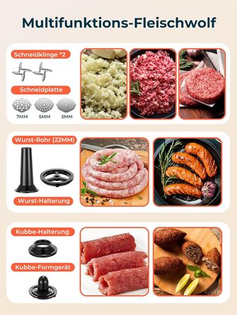 М'ясорубка електрична Fohere 2000 Вт з насадками для ковбас та кубів, 3 диски (3/5/7 мм), чорна