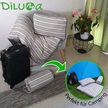 Комплект літніх дорожніх ліжок DILUMA 2-предметний сіро-коричневий - ковдра 135x200 см і спальна подушка 60x40 см з практичною дорожньою сумкою - Комплект ковдри та подушки для відпустки, кемпінгу, гостей, подорожей
