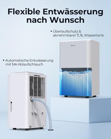 Електричний осушувач повітря 12L з таймером, для підвалів та приміщень до 122м³, з фільтром та 1м шлангом, 10 років гарантії, 50л/день