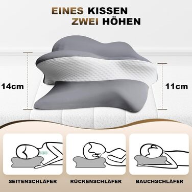 Ортопедична подушка для шиї з Memory Foam, сертифікат Oeko-Tex® | Підходить для сну на боці, спині та животі | Подушка для шиї для алергіків, сірого кольору (1 шт)