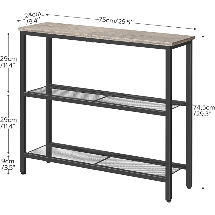 Вузький консольний столик з 2 полицями, вінтажний коричневий і чорний, для передпокою, вітальні, офісу