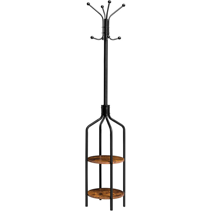 Стійка для одягу HOOBRO, вішалка для одягу з 2 круглими полицями, 8 гачків, 183 см, індустріальний стиль, сталеве каркас, багатофункціональна, для одягу, шарфів, капелюхів, сумок