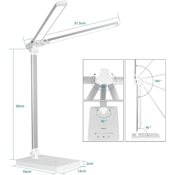 Світлодіодна настільна лампа Semlos, 2 кронштейни, USB, 5 колірних режимів і рівнів яскравості, сенсорний, білий (включаючи вилку)