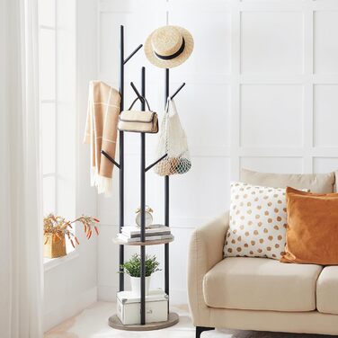 HOOBRO В'яжучий стійка для одягу, дерев'яна, з 8 гачками та 2 полицями, для вітальні, спальні, офісу, темно-коричневий/чорний