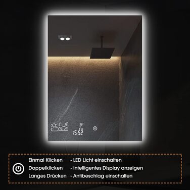 Дзеркало для ванної кімнати LED ByeCold 60x80 см з підсвічуванням, антизапарювання, WiFi, погода та дата, сенсорне управління