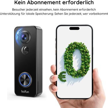 Відеодзвінок BOIFUN з камерою, 2K, Wi-Fi, 180° огляд, 2-сторонній аудіо, AI-розпізнавання руху, IP65, сумісний з Alexa, без підписки