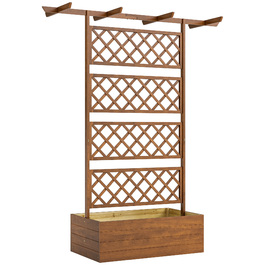 Дерев'яний ящик для квітів з опорою для ліан, кутовий, з підставкою для підтримки рослин та дашком.