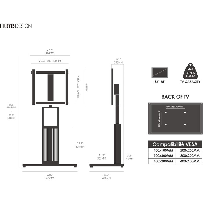 Підставка для телевізора FITUEYES Zen Series Black: дерев'яна, поворотна, регульована по висоті (32-65 дюймів)