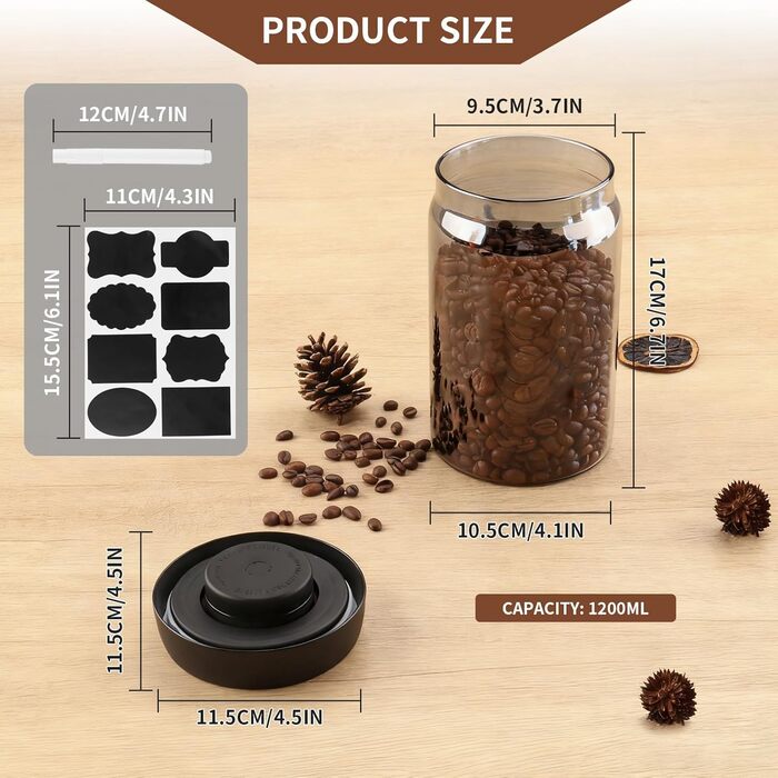 Герметичний контейнер для кави на 1,2 л зі скла, вакуумний, з чорною кришкою та золотою кнопкою. Підходить для кави, чаю, горіхів.
