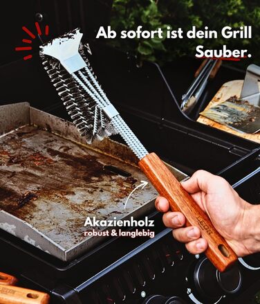Набір для гриля: щипці, лопатка, виделка, щітка для чищення. Підходить для газових грилів. Подарунковий набір з нержавіючої сталі та акації (4 шт.)