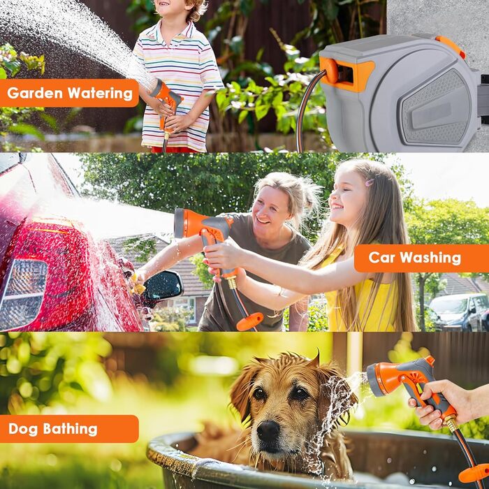 Шланговий барабан з шлангом 30м для саду, настінний автоматичний ролик, поворот 180°, водяний бокс з 9 функціями, для поливу та миття авто, сірий-помаранчевий, 30M