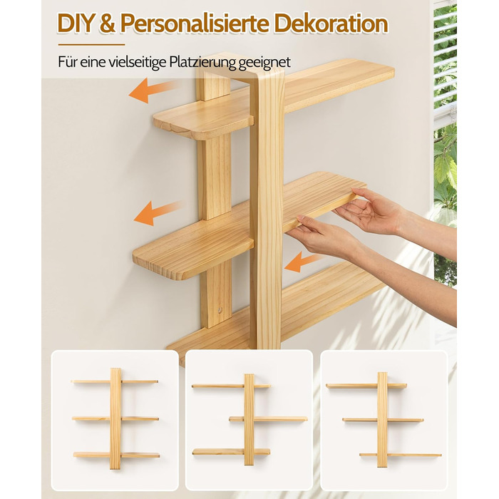 Полиця настінна SUMGAR з дерева, плаваюча, три яруси, 50x58 см (біла/дерево) для вітальні, спальні