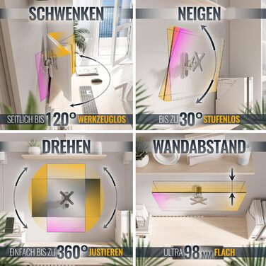 Кріплення для монітора RICOO TÜV сертифіковане, поворотне та нахильне, універсальне, 13-32 дюйми, VESA 75x75, 100x100 мм, до 15 кг, срібний колір