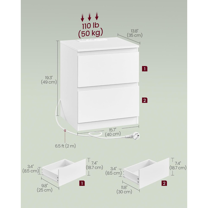 Приліжкова тумбочка VASAGLE Kailyn з розетками, 2 шухляди, 2 AC-розетки, 2 USB-A порти, для спальні, білий колір LET621W02