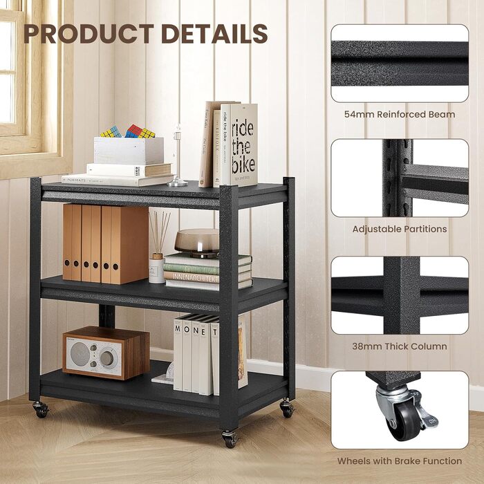 Металевий стелаж для кухні 80x86x45 см на коліщатках, чорний. Підходить для мікрохвильовки, інструментів, ванної кімнати та підвалу.