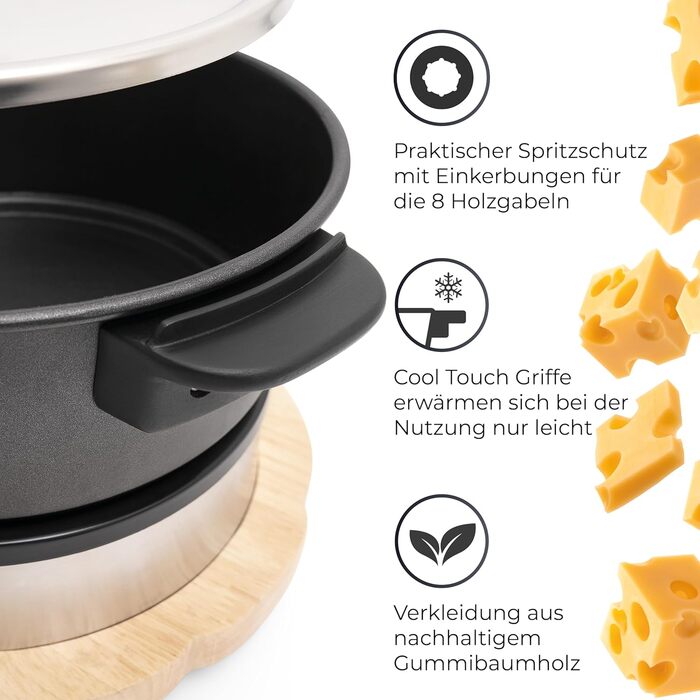 Електричний Фондю-набір KLAMER для 8 осіб з 8 виделок, регулювання температури, захист від бризок, посуд з алюмінію, екологічна обкладка з каучуку