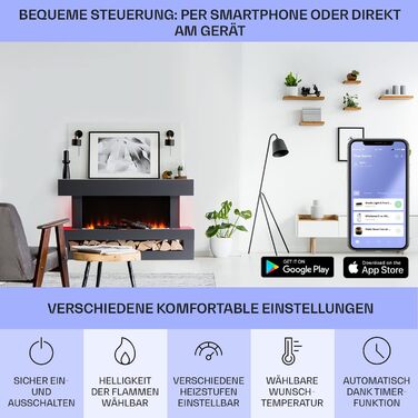 Електрокамін Klarstein Light & Fire 3 Smart, 2000 Вт, LED-імітація полум'я, з дистанційним керуванням, таймером, настінний, корпус MDF, чорний
