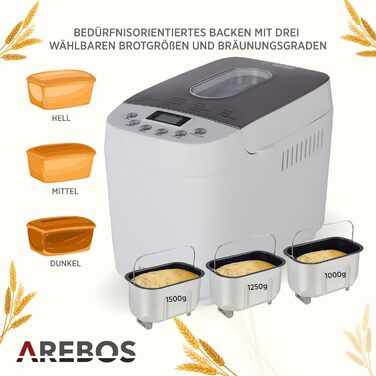 Хлібопечка Arebos 1500г з 15 програмами, таймером та LCD дисплеєм | 850 Вт | Білий