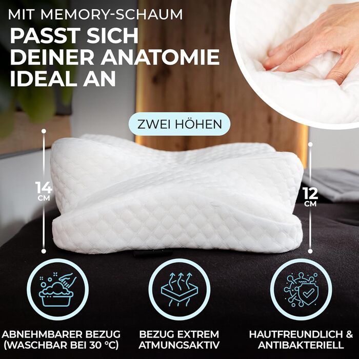 Ортопедична подушка OrthoKomfort® Memory Foam для сну на боці та спині | З піною Memory Foam | Сертифікована Oeko-TEX | Знімний чохол | Для здорового сну без болю | Біла подушка