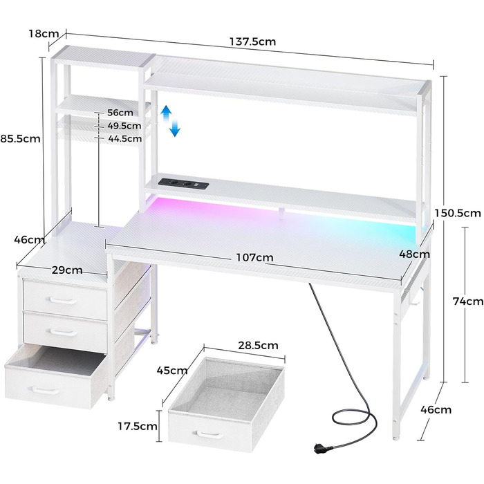 Ігровий стіл Coleshome з полицею та шухлядами, 137x48 см. Стіл для геймінгу з LED-підсвічуванням, розеткою, місцями для зберігання та підставкою для монітора. Колір: карбонове волокно.