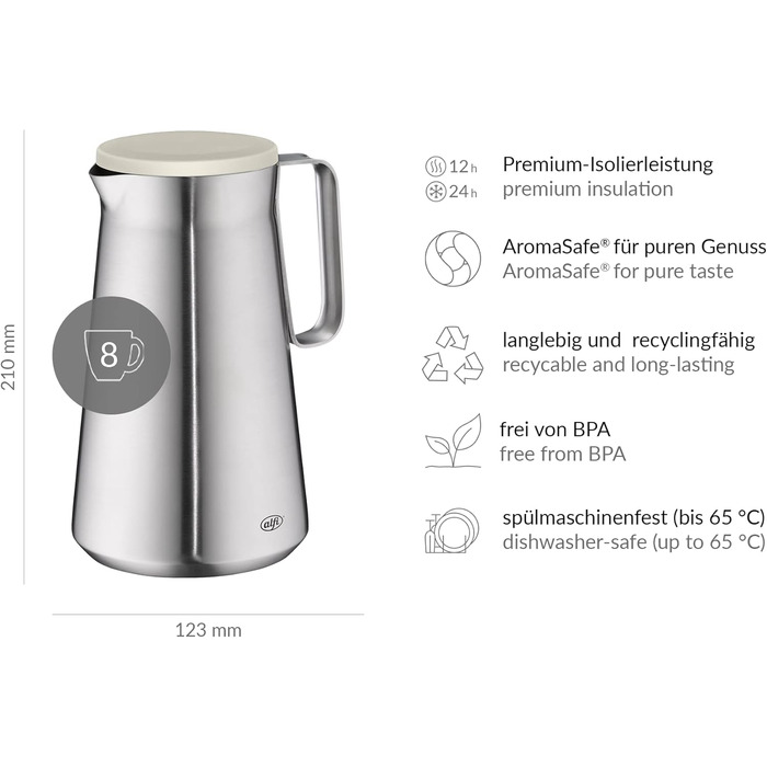 Термос Alfi DRIVE! 1.0л, кокосовий білий мат, з подвійних сталевих стінок, зберігає тепло 12 год, холод 24 год, з поворотним кришкою, великий отвір, BPA-free