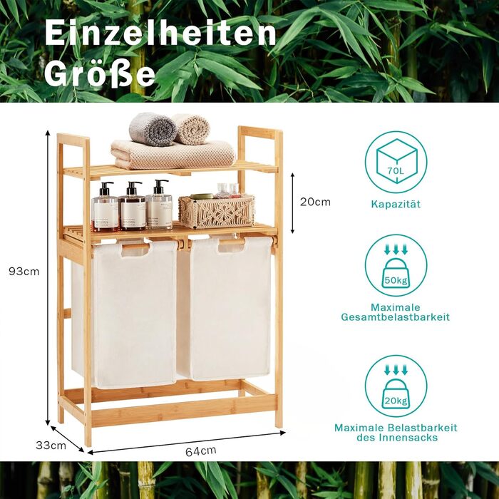 Кошик для білизни YOUDENOVA з бамбукового каркасу, 2 відділення, 2 висувні мішки для білизни, 93x64x33 см, слонова кістка, 70 л